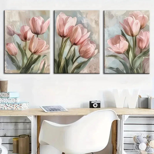 3pcs Paintings Tulip Flower Landscape Decoration Metal Print Ready to Hang Art