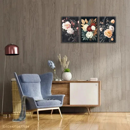 3pcs Beautiful Flowers on Black Background Floral Metal Print Ready to Hang Art