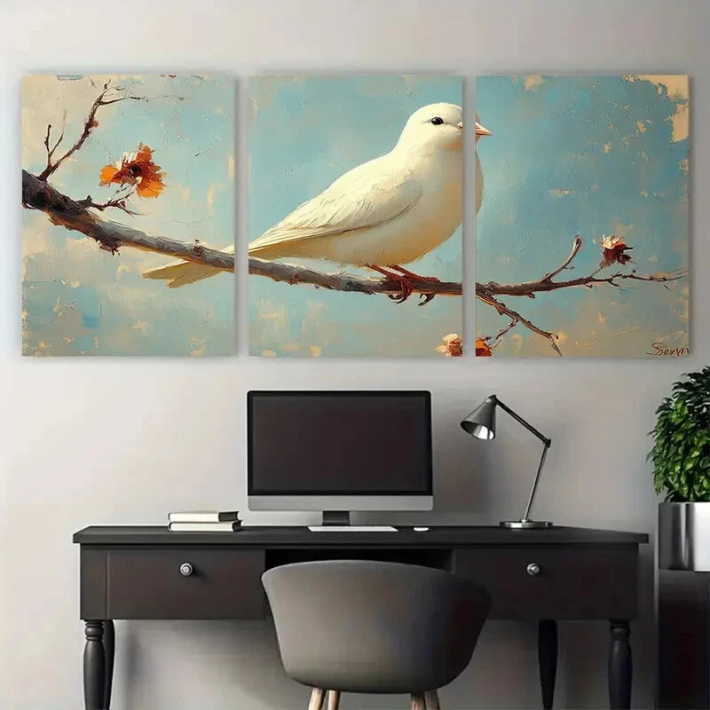 3pcs White Pigeon Bird on the Branch Metal Print Ready to Hang Art