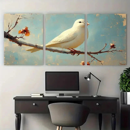 3pcs White Pigeon Bird on the Branch Metal Print Ready to Hang Art