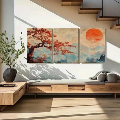 3pcs Vintage Autumn Tree & Sunset Landscape Metal Print Ready to Hang Art