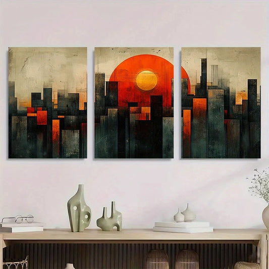 3pcs Geometric Abstract Green Orange & Black Metal Print Ready to Hang Art