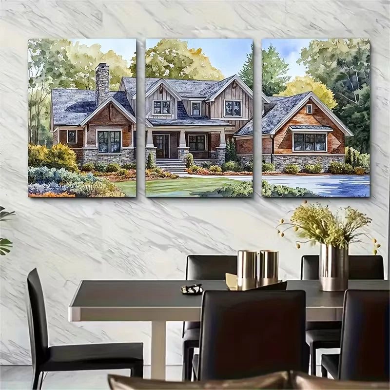 3pcs Watercolor House Painting Metal Print Ready to Hang Art