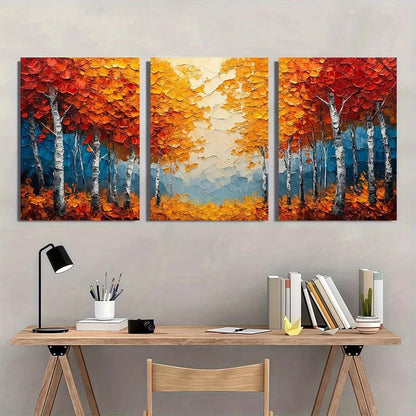 3pcs Birch Tree Painting Autumn Texture Metal Print Ready to Hang Art