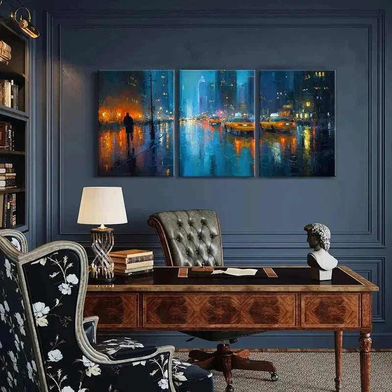3pcs Cityscape Night Rain Reflections Urban Lands Metal Print Ready to Hang Art