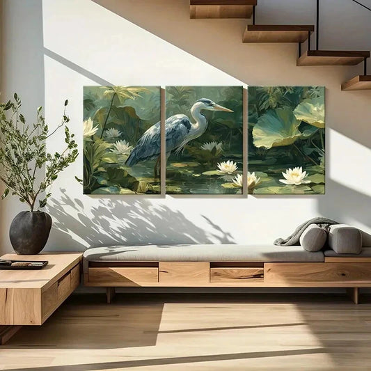 3pcs Heron Waterlily Pond Nature Landscape Metal Print Ready to Hang Art