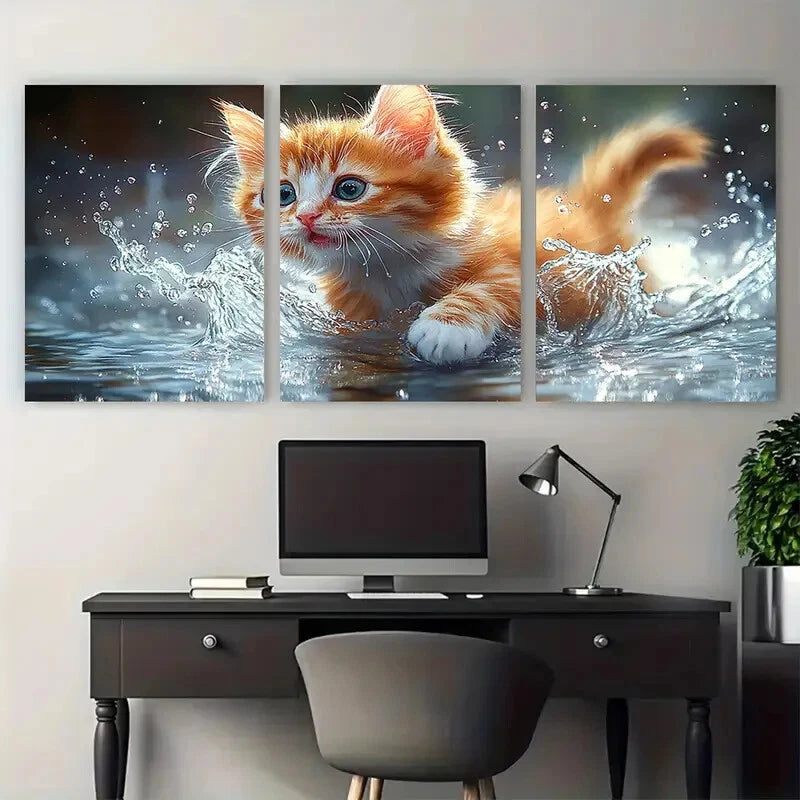 3pcs Fluffy Kitten Playing with Water Metal Print Ready to Hang Art