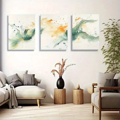 3pcs Watercolor Abstract Green and Orange Flowing Metal Print Ready to Hang Art