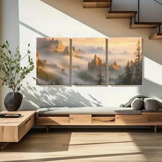 3pcs Mountain Landscape Misty Peaks Forest Scene Metal Print Ready to Hang Art