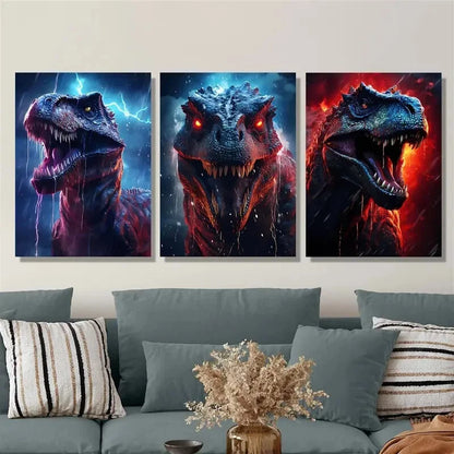3pcs illustration, ferocious dinosaur, Metal Print Ready to Hang Art