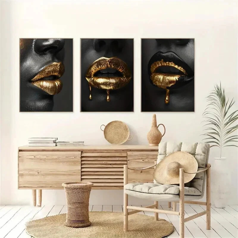 3pcs Art Deco Black Lips with Golden Accents Metal Print Ready to Hang Art