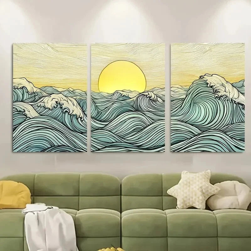 3pcs Japanese Ocean Sunrise Blue & Yellow Wave Metal Print Ready to Hang Art