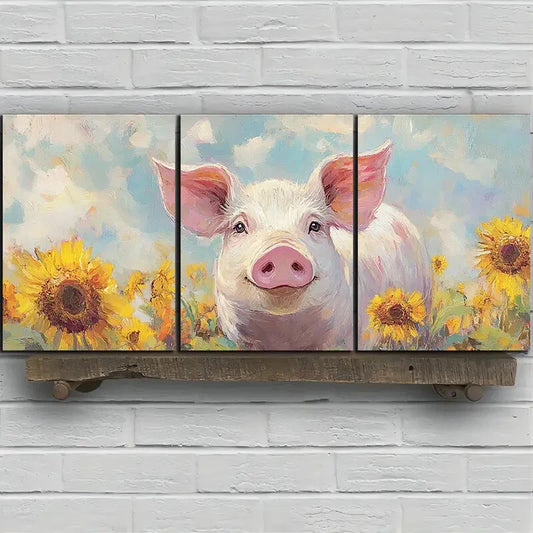 3pcs Sunflower Pigs in The Fields Metal Print Ready to Hang Art