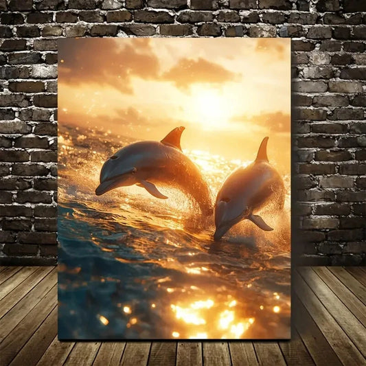 Cyberpunk Dolphins Chasing Each Other At Golden 40x60cm Metal Print Ready to Hang