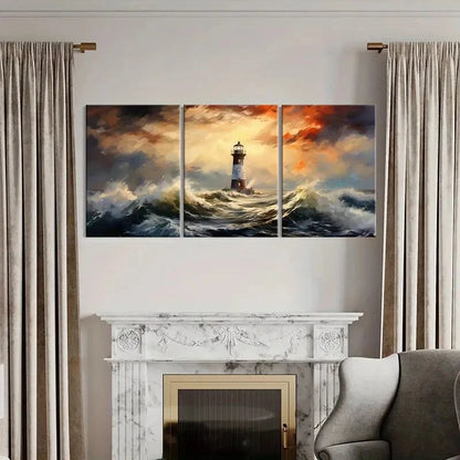 3pcs Lighthouse Stormy Sea Sunset Sky Poster Metal Print Ready to Hang Art