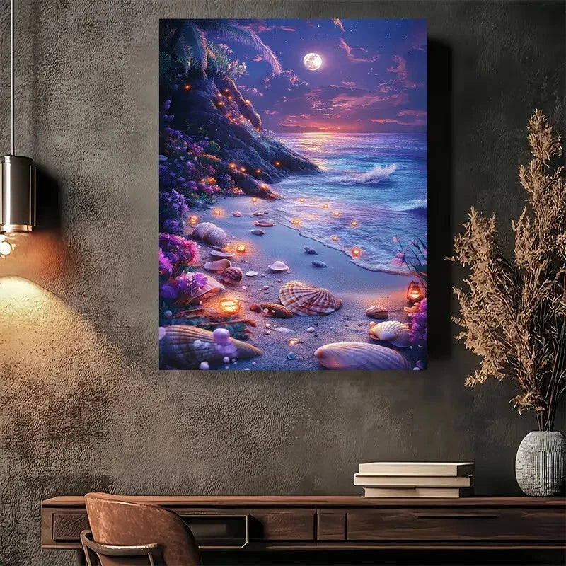 Beautiful Enchanted Beach Night Scene Painting 40x60cm Metal Print Ready to Hang