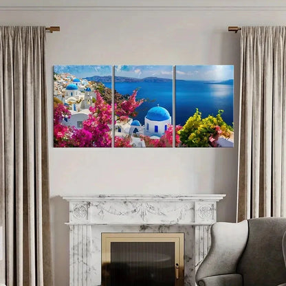 3pcs Santorini Landscape White Buildings Metal Print Ready to Hang Art