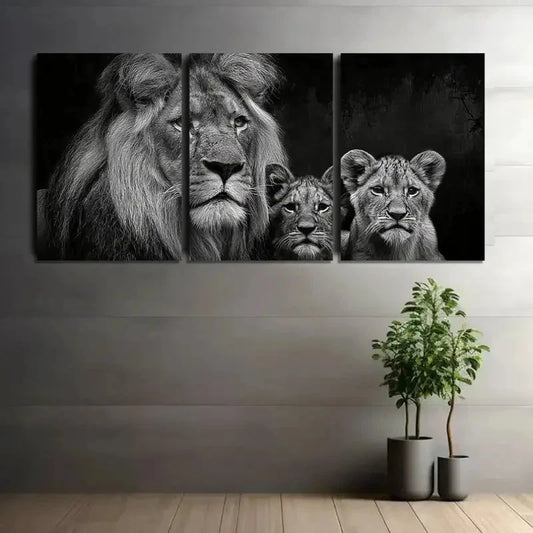 3pcs Black-And-White Portrait of a Lion with Cubs Metal Print Ready to Hang Art