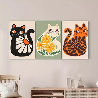 3pcs Boho Wall Art Cute Cats Artwork Plant Canvas Framed 60x90cm - High Quality Print 100% Australian Made Wall Canvas Ready to Hang