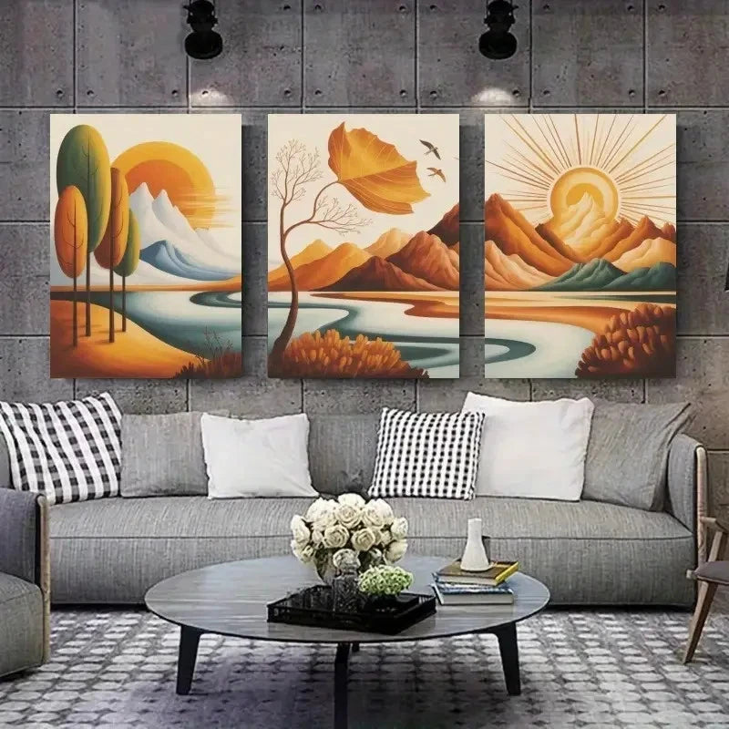 3pcs Abstract Trees Mountains Sun Metal Print Ready to Hang Art