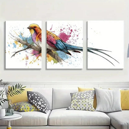 3pcs Vibrant Long-Tail Bird Watercolor Splatter Metal Print Ready to Hang Art