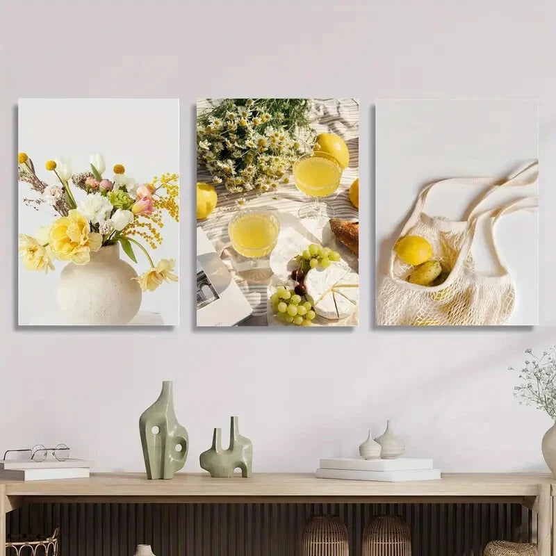 3pcs Picnic Delicacies Lemon Grape Art Paintings Metal Print Ready to Hang Art