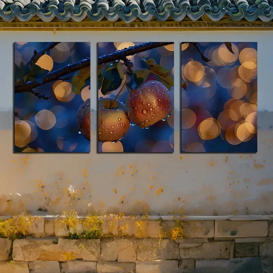3pcs Apples with Water Droplets on Branches Design Metal Print Ready to Hang Art