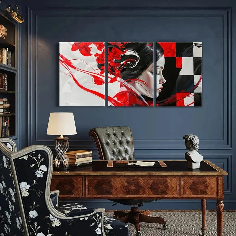 3pcs Abstract Art Red Flowers Geometric Patterns Metal Print Ready to Hang Art