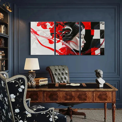 3pcs Abstract Art Red Flowers Geometric Patterns Metal Print Ready to Hang Art