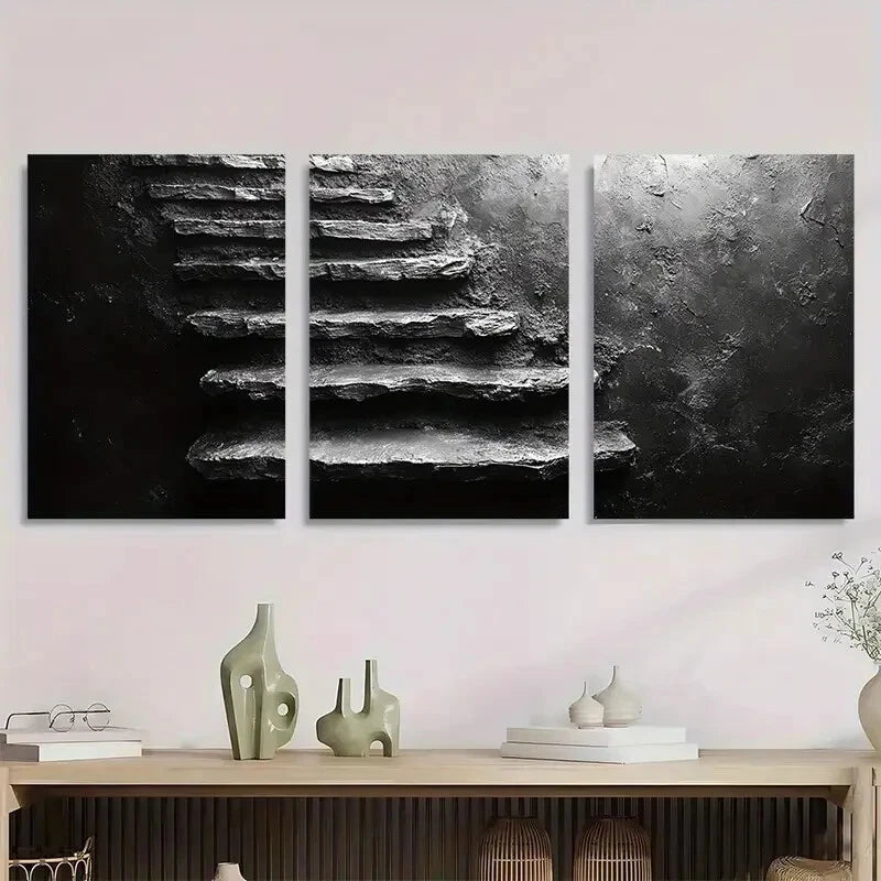 3pcs Vintage Chill Retro Style Black & Beige Metal Print Ready to Hang Art