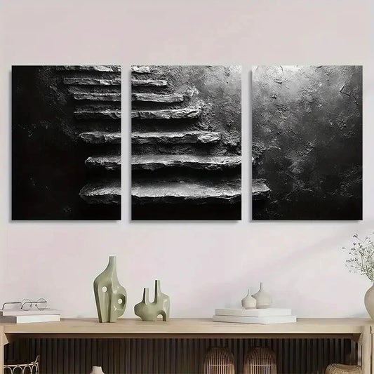 3pcs Vintage Chill Retro Style Black & Beige Metal Print Ready to Hang Art