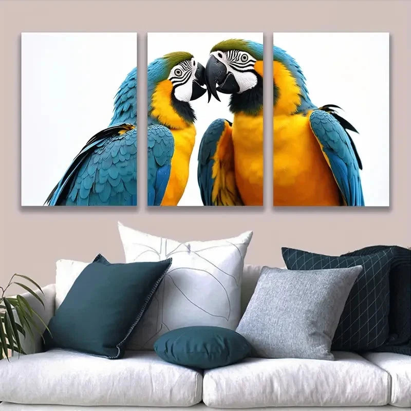 3pcs Blue And Yellow Parrots Wall Art Set Canvas Framed 50x70cm - High Quality Print 100% Australian Made Wall Canvas Ready to Hang