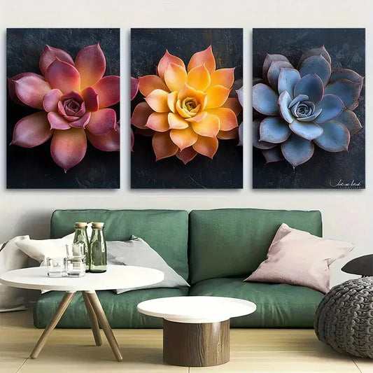 3pcs Desert Succulent Beautiful Flowers Metal Print Ready to Hang Art