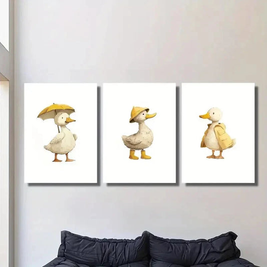 3pcs cute duck holding umbrella wearing hat Metal Print Ready to Hang Art