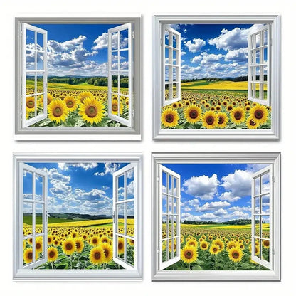 4pcs False Window Sunflower Picture Wall Art Canvas Framed