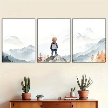3pcs Boys' Mountain and Watercolor Scenery Metal Print Ready to Hang Art