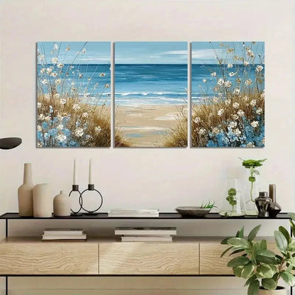 3pcs Beach Scene with Blue Water and Brown Grass Metal Print Ready to Hang Art