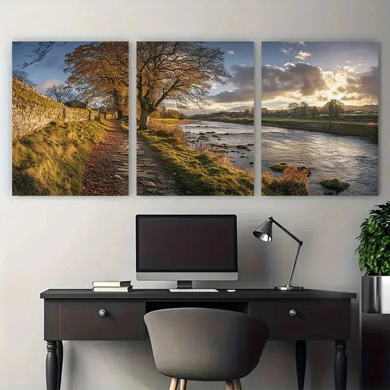 3pcs River Tweed Print with Lone Tree & Stone Metal Print Ready to Hang Art