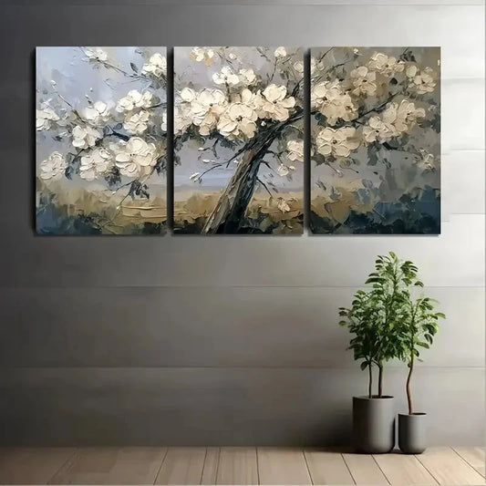 3pcs White Flowers On Tree With Detailed Wall Art Set Canvas Framed 40x60cm - High Quality Print 100% Australian Made Wall Canvas Ready to Hang