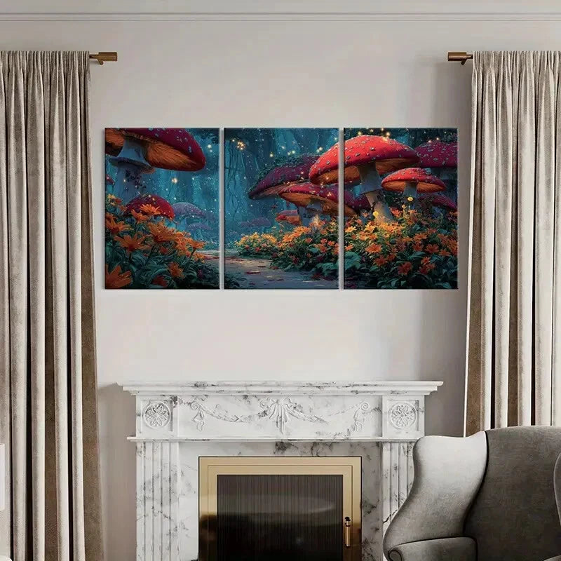 3pcs Enchanted Forest Mushroom Grove Fairy Lights Metal Print Ready to Hang Art