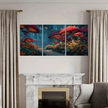 3pcs Enchanted Forest Mushroom Grove Fairy Lights Metal Print Ready to Hang Art