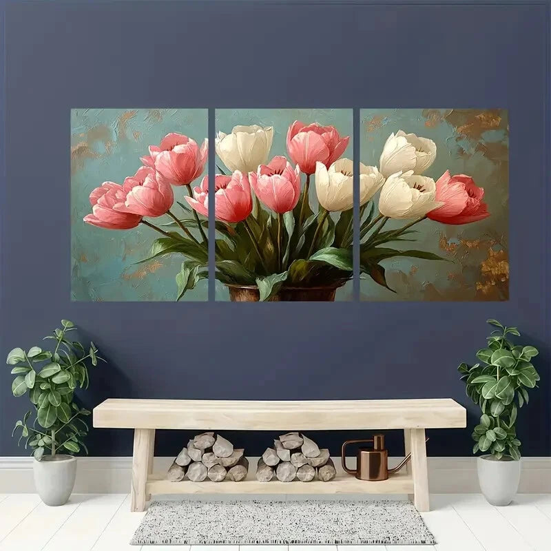 3pcs Fresh White and Pale Pink Tulips in Vases Metal Print Ready to Hang Art