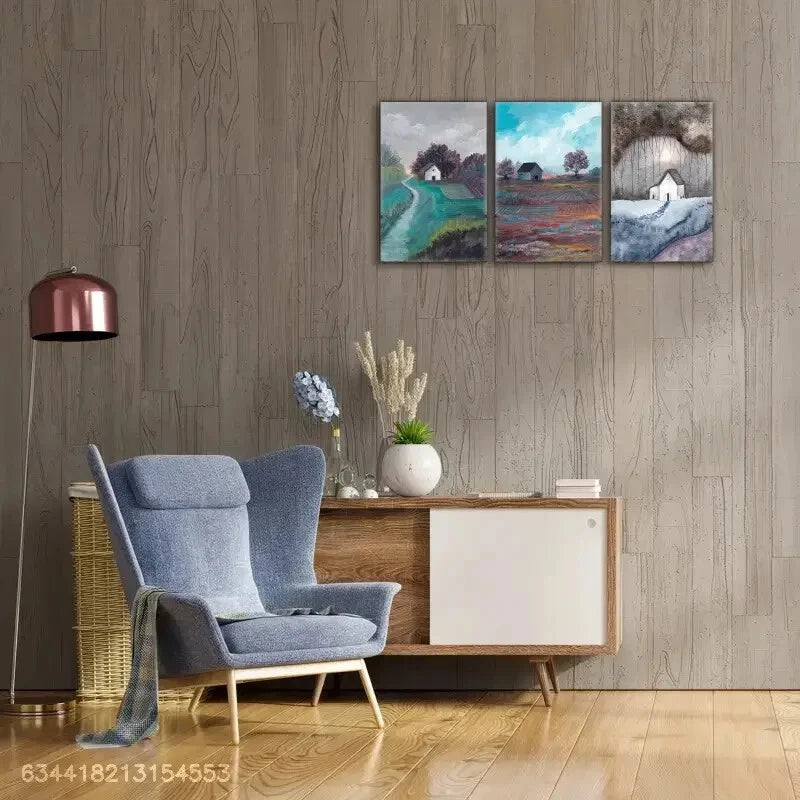 3pcs Trees Fields Sky House Cabin Landscape Metal Print Ready to Hang Art