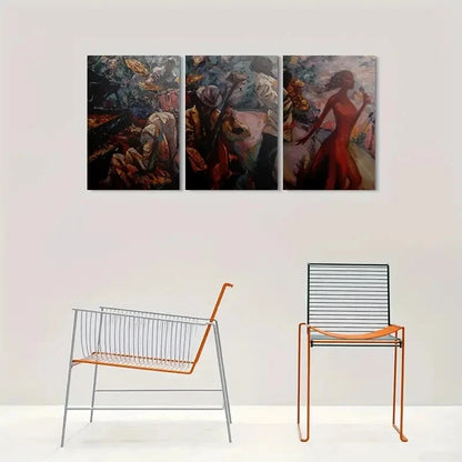 3pcs Modern Abstract Red Dressed Woman Metal Print Ready to Hang Art
