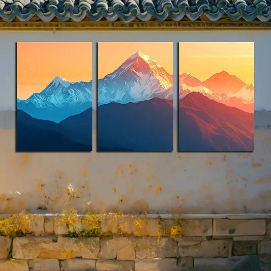 3pcs Vibrant Mountain Peak At Sunset Metal Print Ready to Hang Art