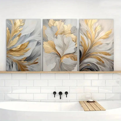 3pcs Modern Abstract Golden & White Leaf Metal Print Ready to Hang Art