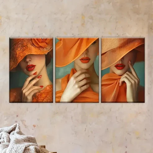 3pcs Col of Woman Wearing Hat Wall Art Set Canvas Unframed - High Quality Print 100% Australian Made Wall Canvas - Bella Home Decor
