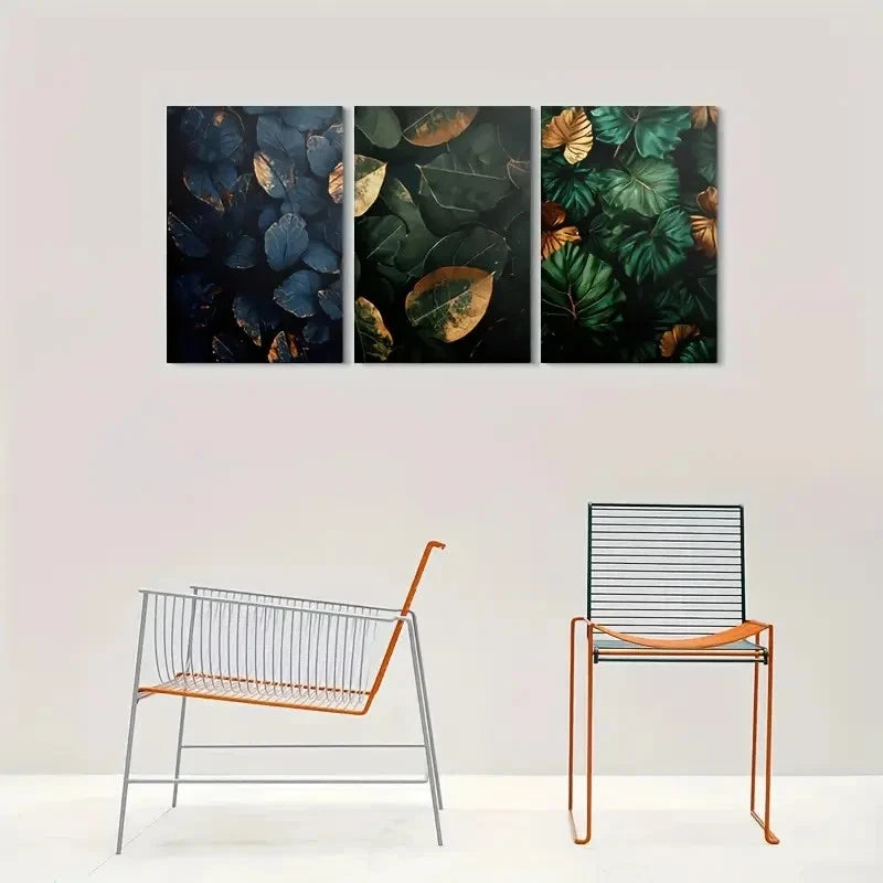3pcs Dark Green & Golden Leaves Metal Print Ready to Hang Art