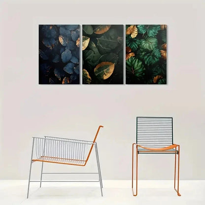 3pcs Dark Green & Golden Leaves Metal Print Ready to Hang Art