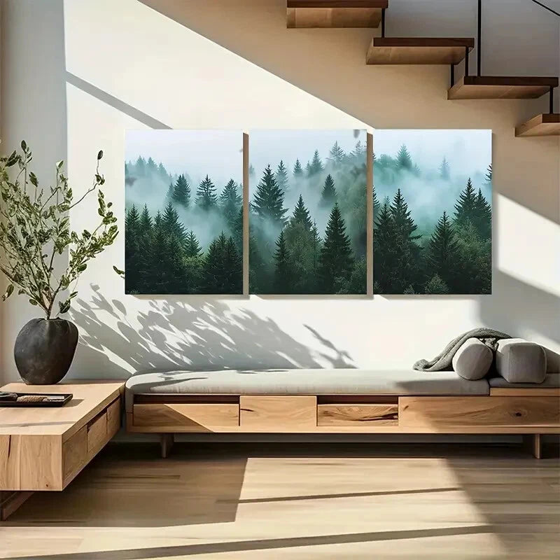3pcs Foggy Mountains Misty Pine Scenic Forest Metal Print Ready to Hang Art